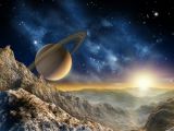 3D Фотообои "Огромный астероид с видом на сатурн" (300 см* 240 см) (Песок)